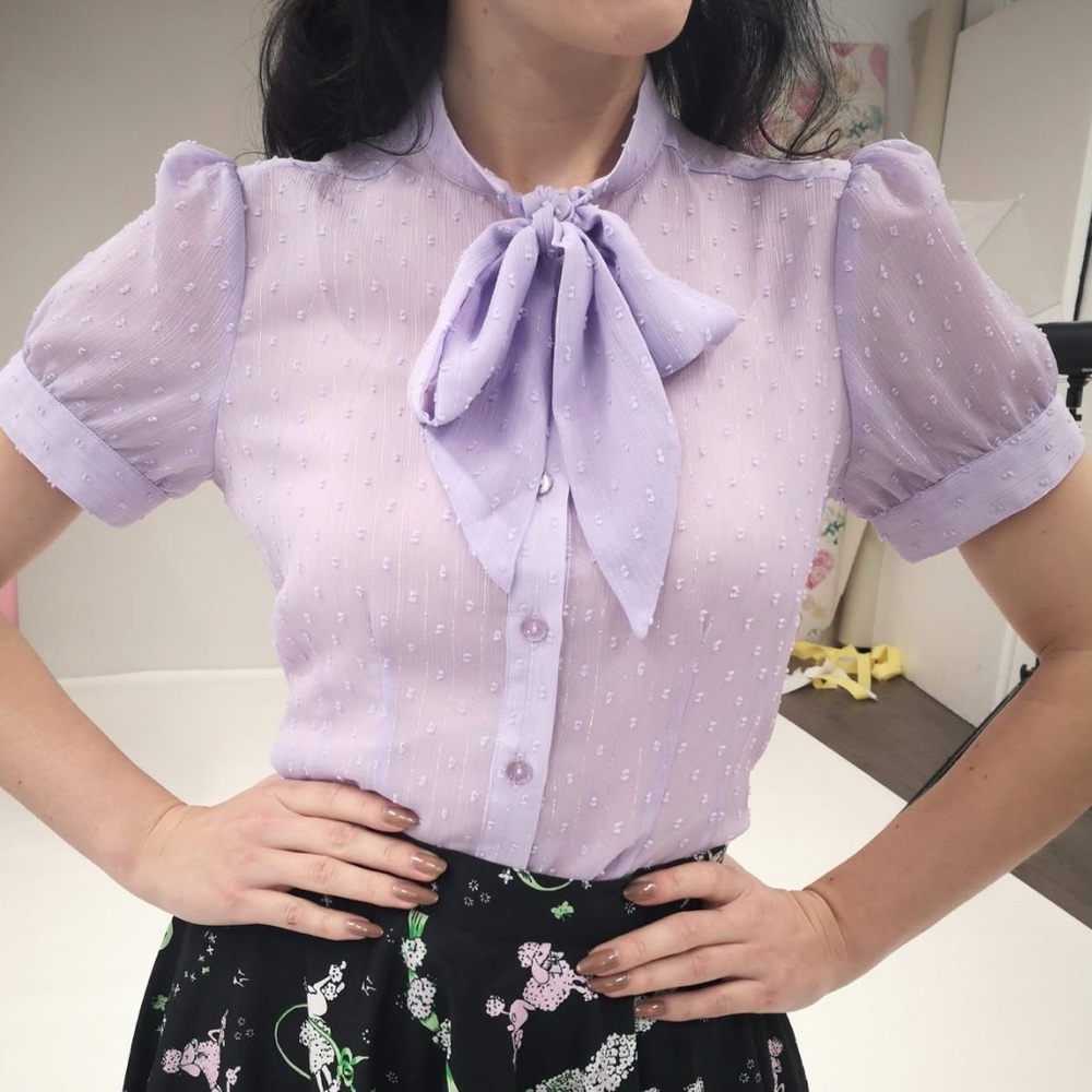 Hell Bunny Purple Puff Sleeve Blouse with Tie Front